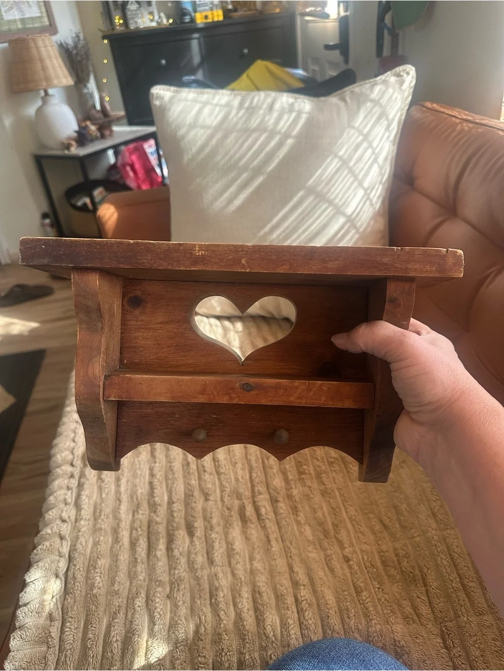 Rustic Heart Cutout Wood Wall Shelf Brown 12”W x 7”L x 3.75” D granny core pegs
